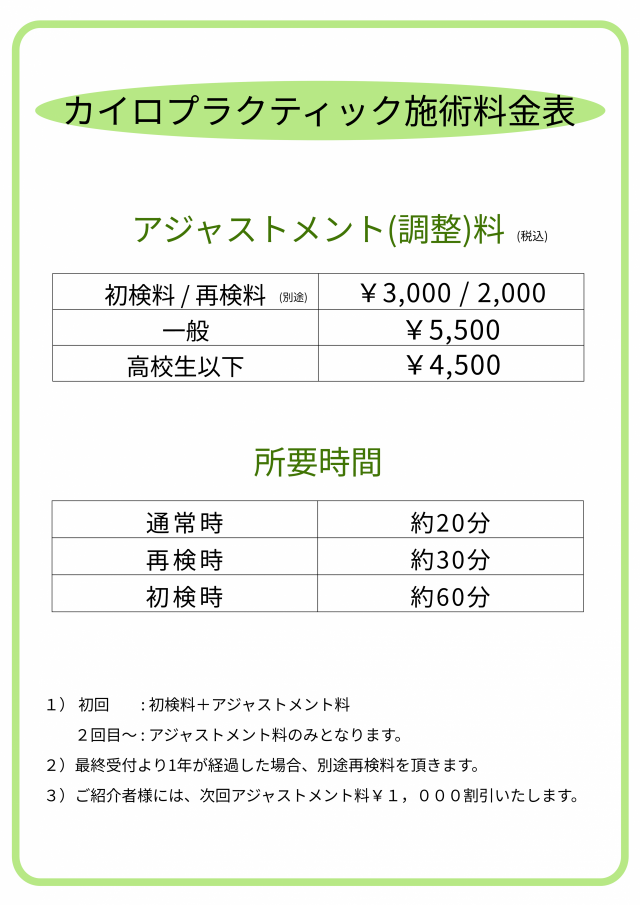 料金表。千葉県柏市で整体なら宮田カイロプラクティックにお任せください。